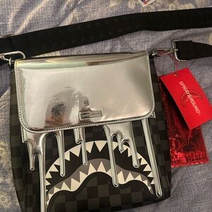SPRAYGROUND silver and black drip crossbody bag/purse